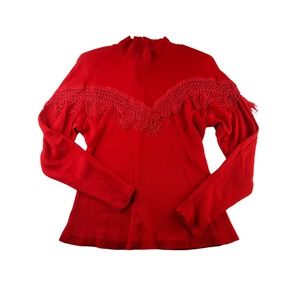 Vintage D Knits Women's Red Western Fringe Long Sleeve Mock Neck Sweater L